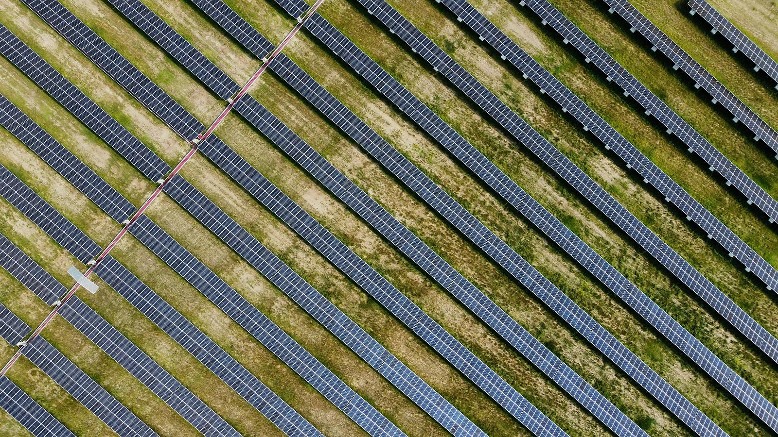 Vista cenital tomada con dron de las filas de módulos de una planta fotovoltaica